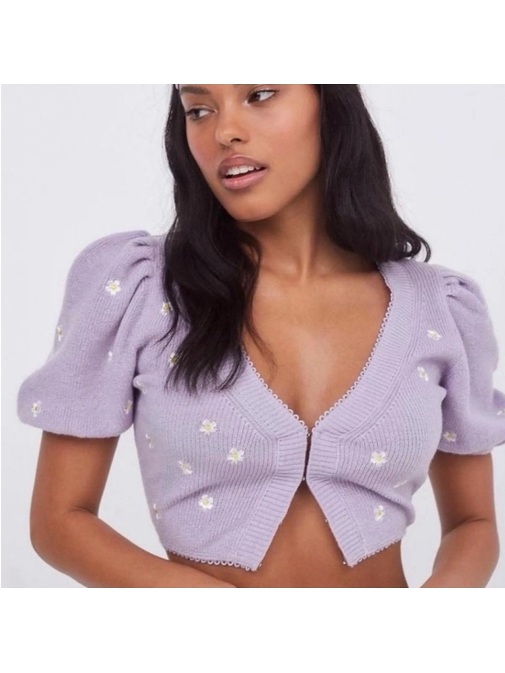 Lavender Daisy Knit Puff-Sleeve Cropped Cardigan For Love and Lemons